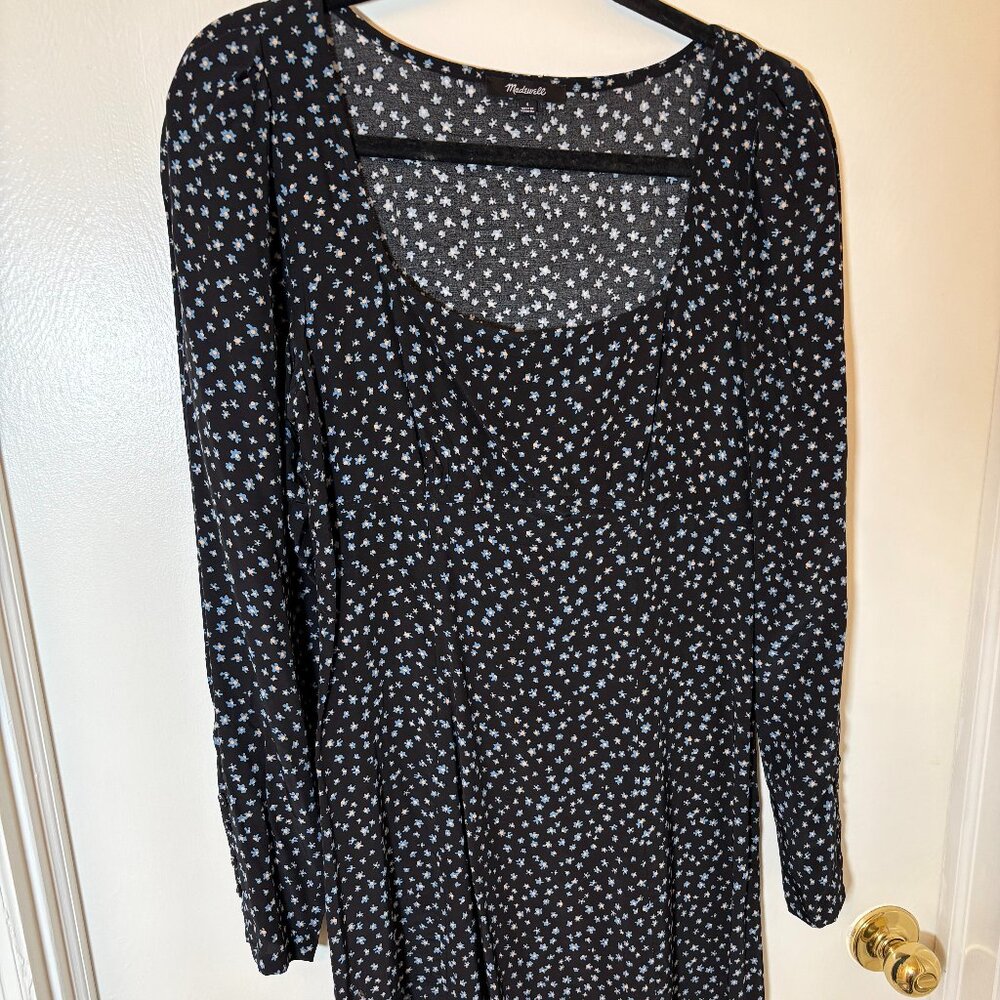 🌸 Madewell A-Line Seamed Long-Sleeve Mini Dress - Ditsy Floral True Black | Siz